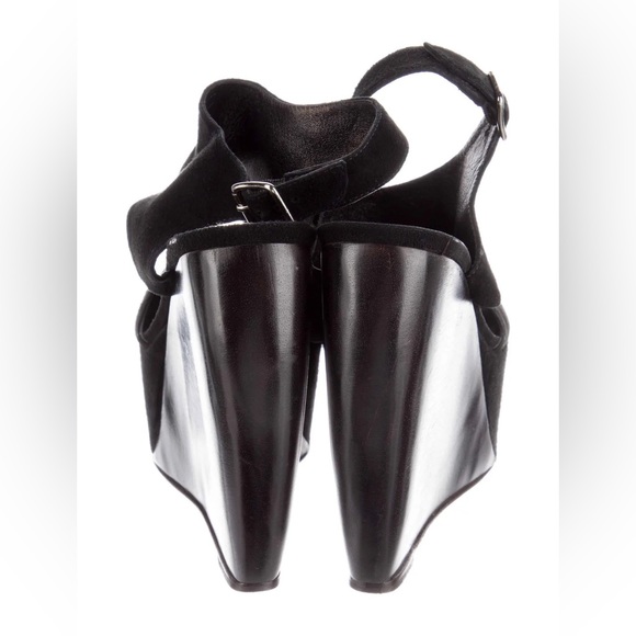 SOLD Loeffler Randall x Suno Black Suede Wedge Sandals Wooden Heel Leather - Picture 2 of 11